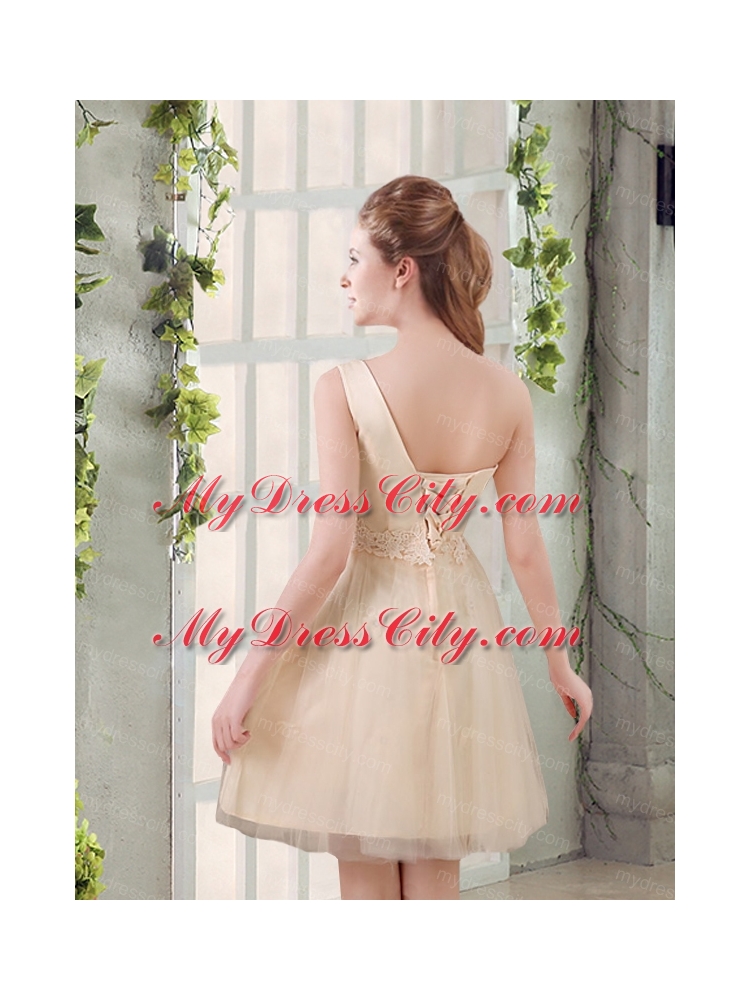 2015 Champagne One Shoulder A Line Appliques Bridesmaid Dress