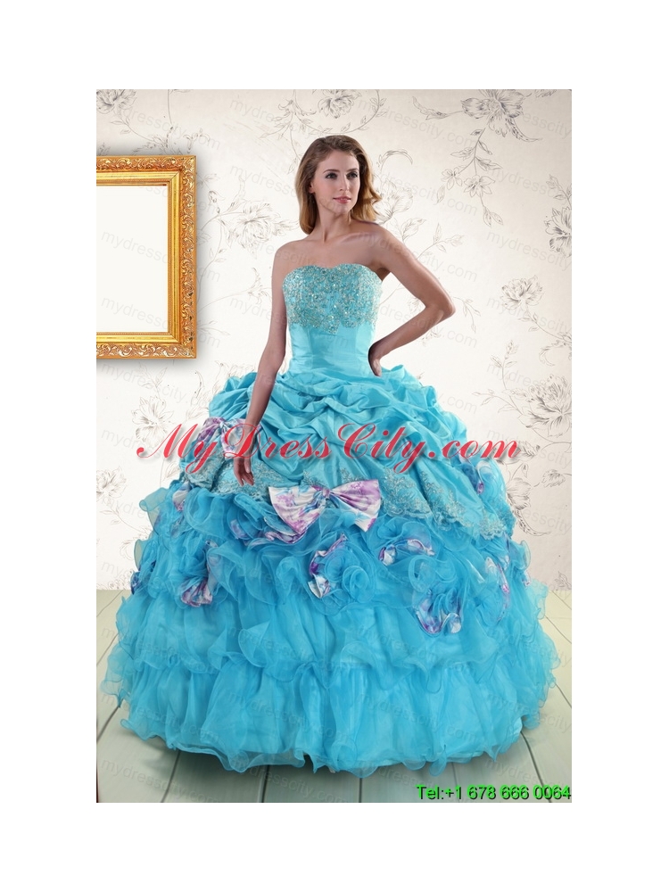 2015 Cheap Aqua Blue Appliques Quinceanera Dresses with Appliques