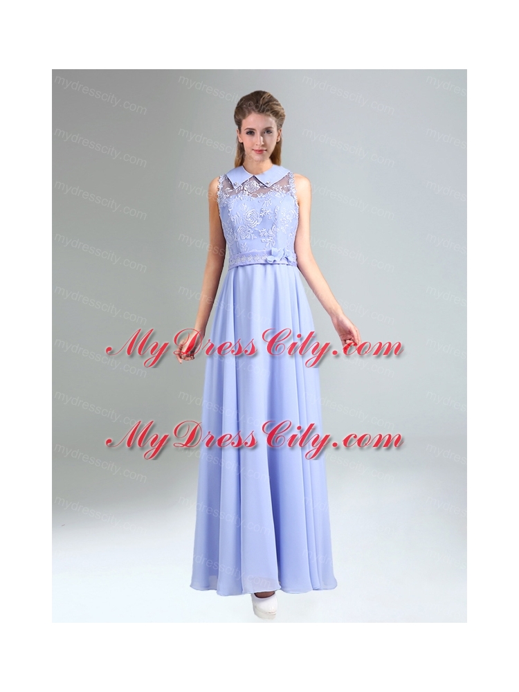 2015 Modest Belt Empire Bridesmaid Dress in Lavender