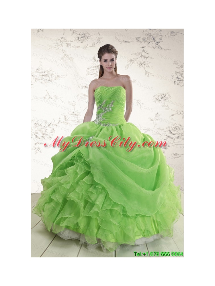 2015 Puffy Strapless Appliques Quinceanera Dresses in Spring Green