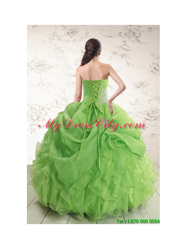 2015 Puffy Strapless Appliques Quinceanera Dresses in Spring Green