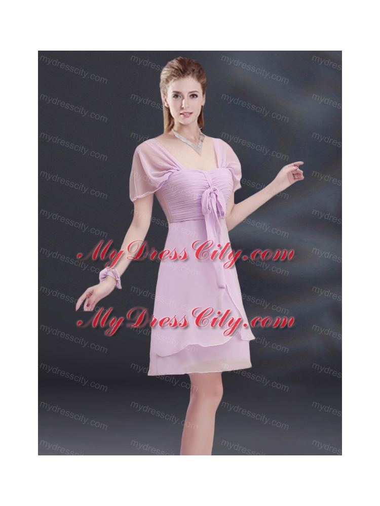 A Line Square Ruhing Bridesmaid Dress with Cap Sleeves