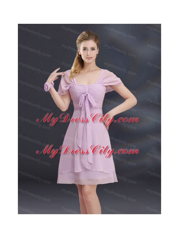 A Line Square Ruhing Bridesmaid Dress with Cap Sleeves