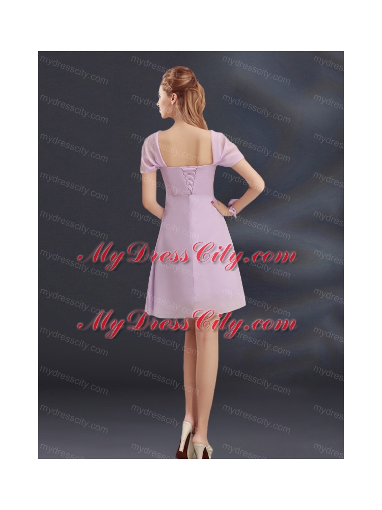 A Line Square Ruhing Bridesmaid Dress with Cap Sleeves