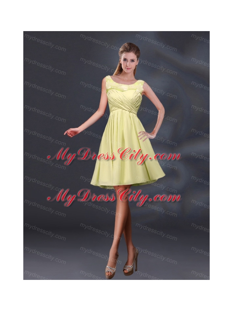 Bateau A Line Bridesmaid Dresses with Appliques and Ruching