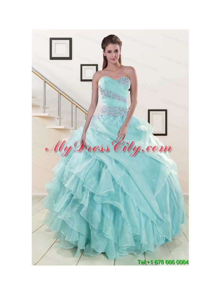 Beading and Ruffles Pretty Quinceanera Dresses in Turquoise for 2015