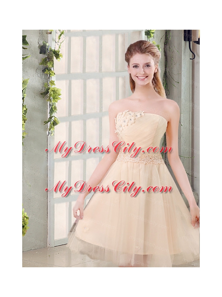 Champagne A Line Strapless Appliques Bridesmaid Dress