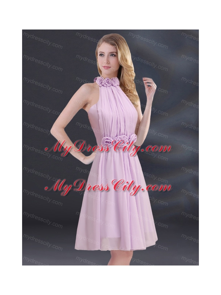 Halter A Line Bridesmaid Dress with Ruhing and Hand Made Flowers