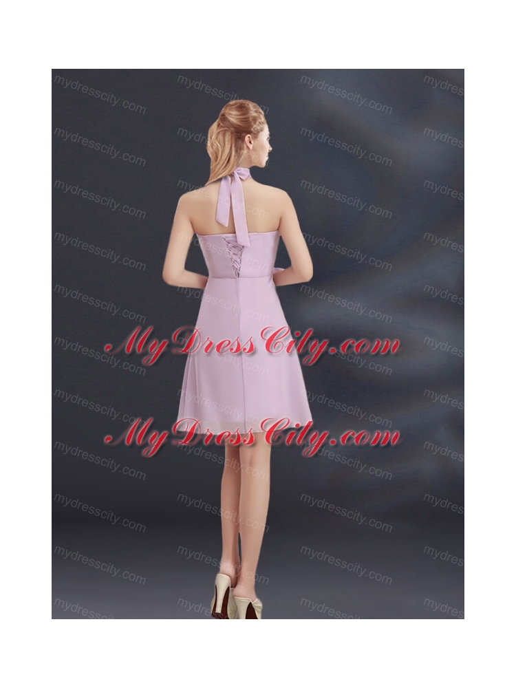 Halter A Line Bridesmaid Dress with Ruhing and Hand Made Flowers