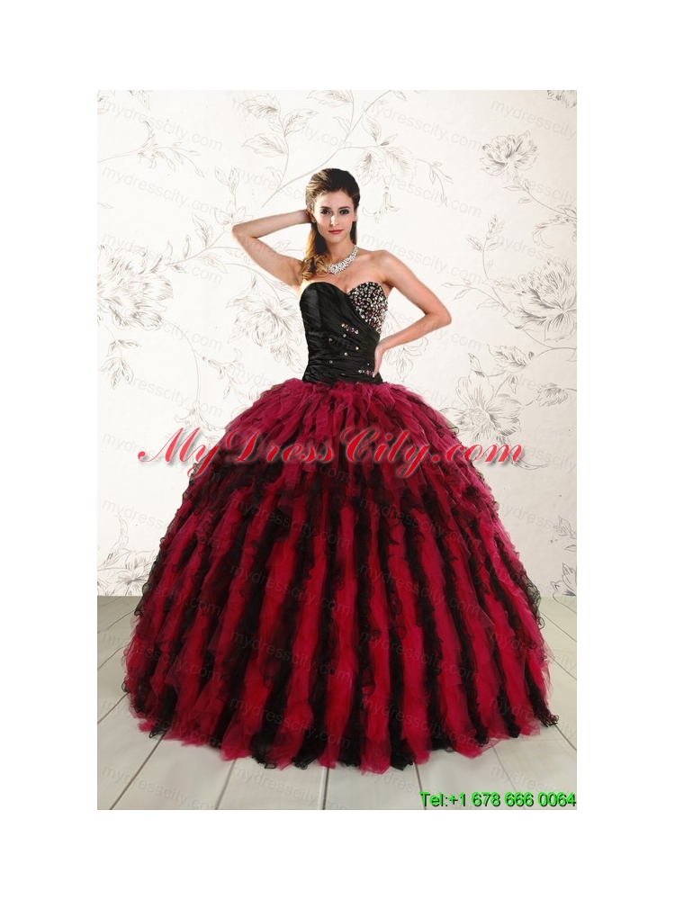 Luxurious Sweetheart Ruffles and Beaded Quinceanera Dresses in Red and Black