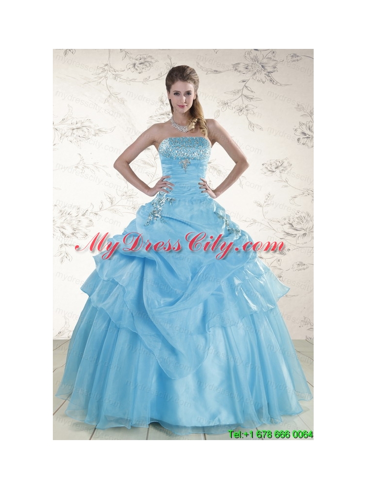 Pretty Aqua Blue 2015 Strapless Quinceanera Dresses with Beading