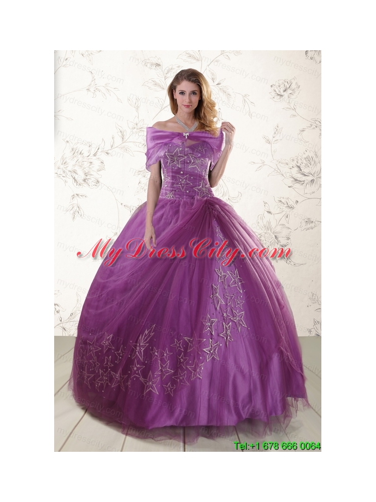 Purple Sweetheart Appliques 2015 Quinceanera Dresses with Embroidery