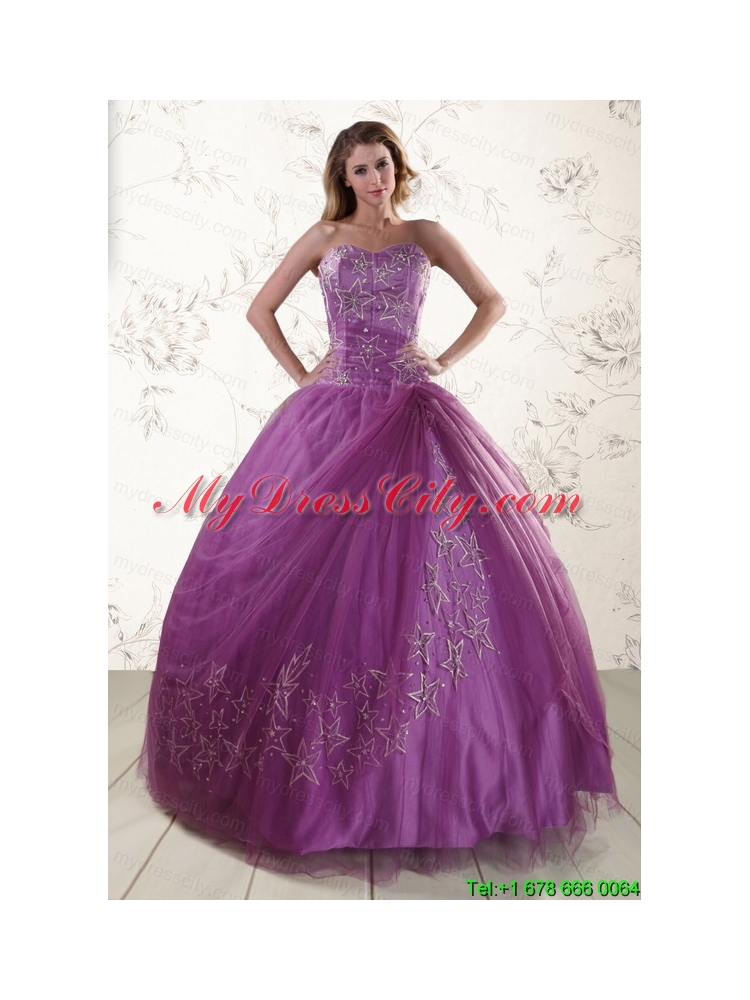 Purple Sweetheart Appliques 2015 Quinceanera Dresses with Embroidery