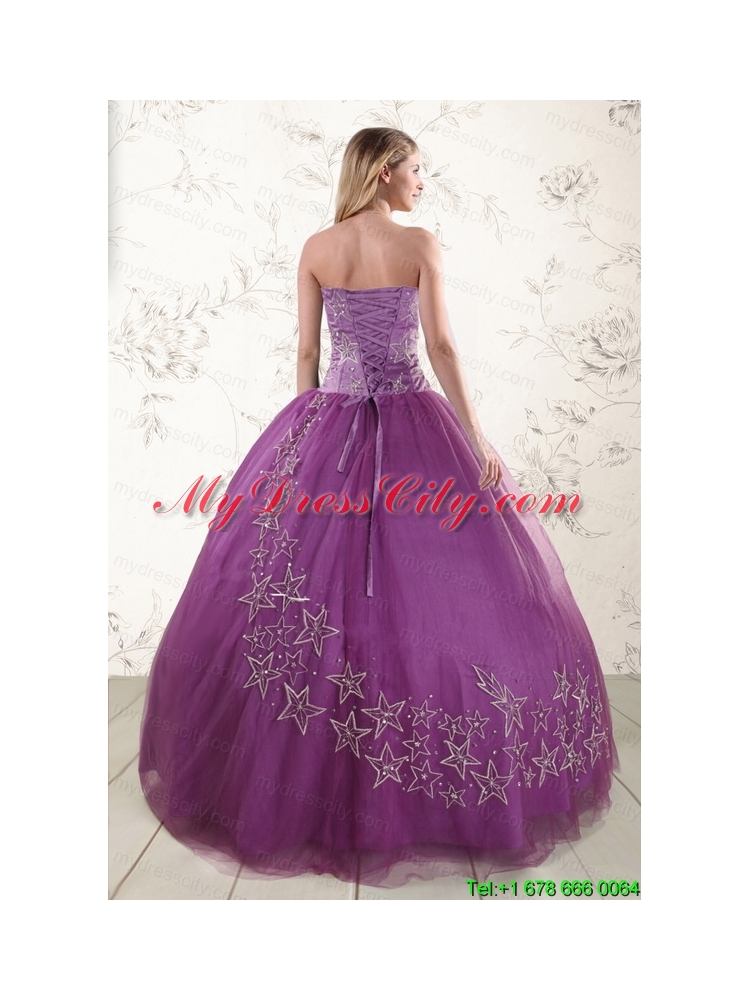 Purple Sweetheart Appliques 2015 Quinceanera Dresses with Embroidery