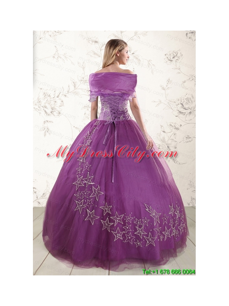 Purple Sweetheart Appliques 2015 Quinceanera Dresses with Embroidery