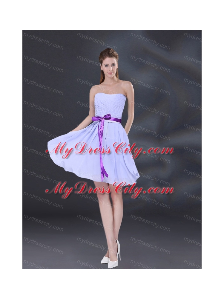 Ruching and Belt Chiffon Bridesmaid Dress in Lavender