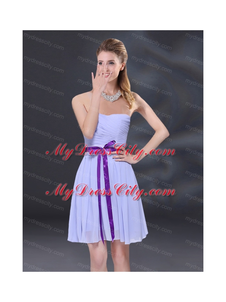 Ruching and Belt Chiffon Bridesmaid Dress in Lavender