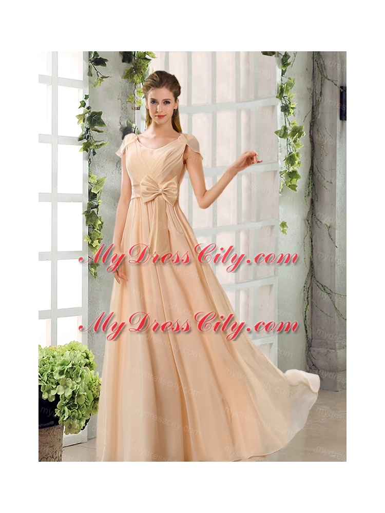 Scoop Ruching Cap Sleeves Chiffon Bridesmaid Dresses in Champagne