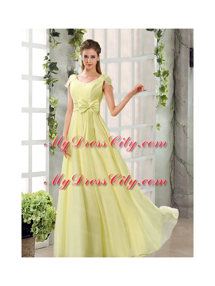 Scoop Ruching Cap Sleeves Chiffon Bridesmaid Dresses in Champagne