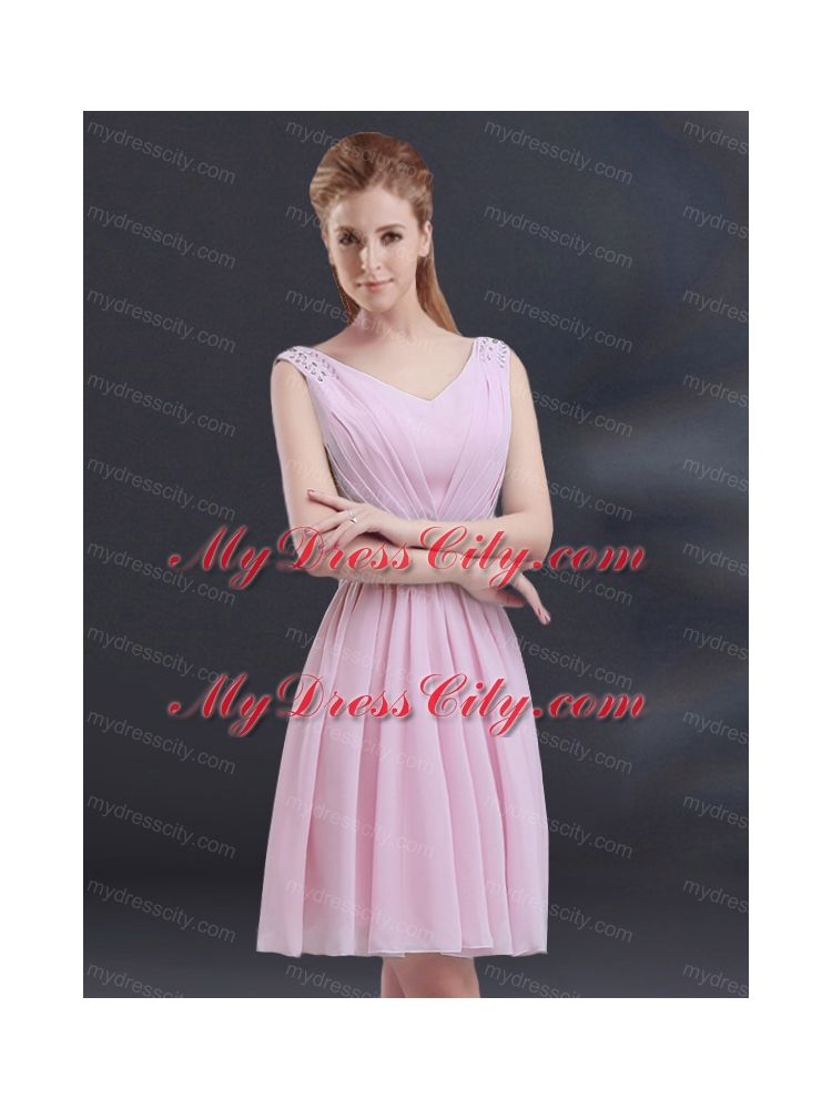 V Neck Beading 2015 Bridesmaid Dress with Ruching