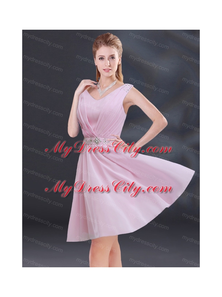 V Neck Beading 2015 Bridesmaid Dress with Ruching