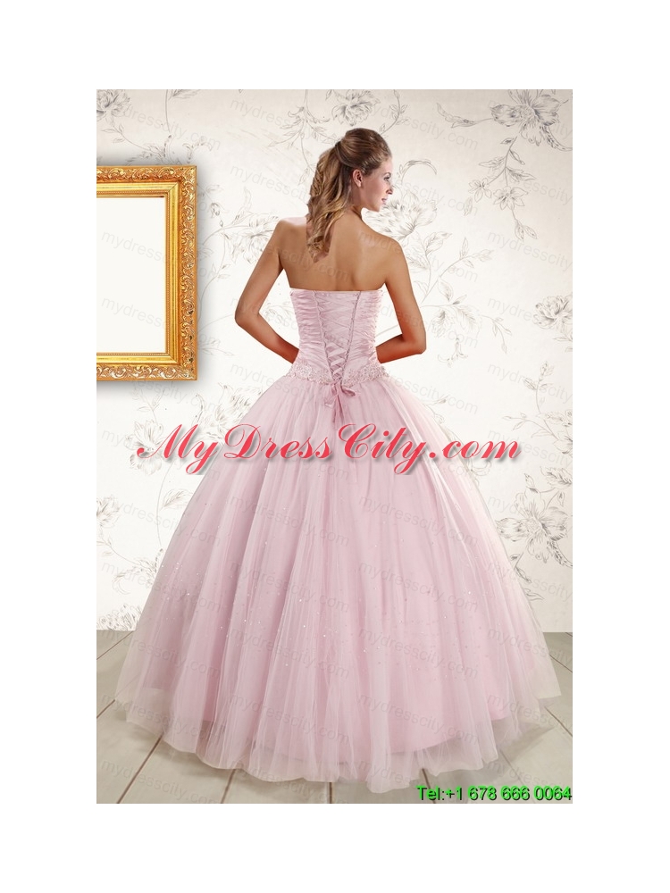 2015 Light Pink Strapless Elegant Sweet 16 Dresses with Appliques