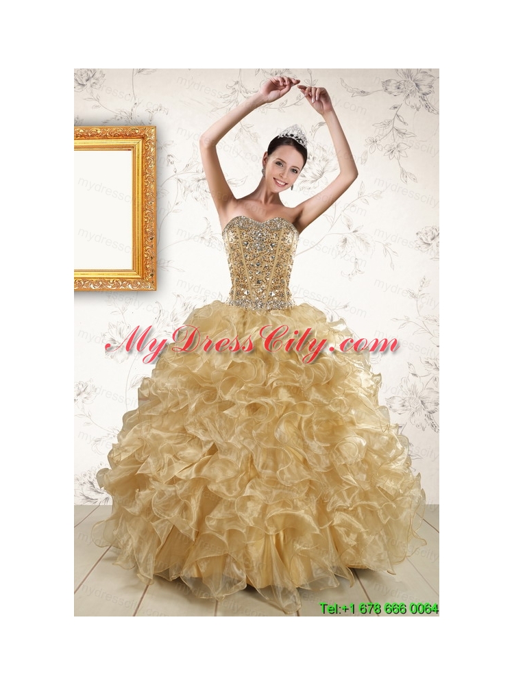 2015 Luxurious Ruffles and Beaded Quinceanera Dresses in  Champange