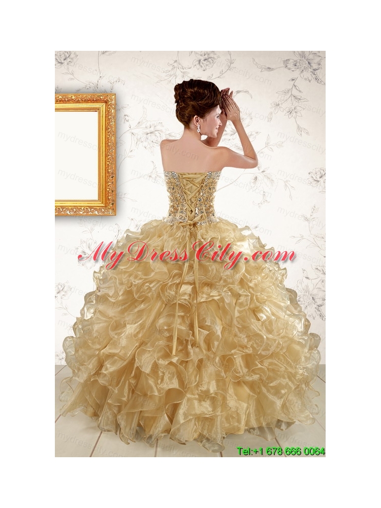 2015 Luxurious Ruffles and Beaded Quinceanera Dresses in  Champange