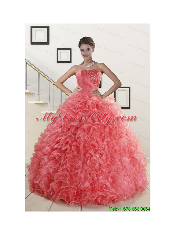 2015 New Arrival Watermelon Red Sweet 15 Dress with Beading