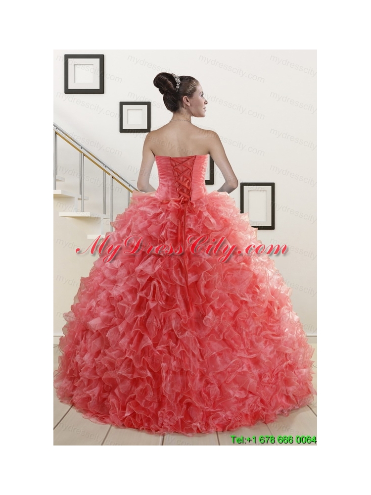 2015 New Arrival Watermelon Red Sweet 15 Dress with Beading