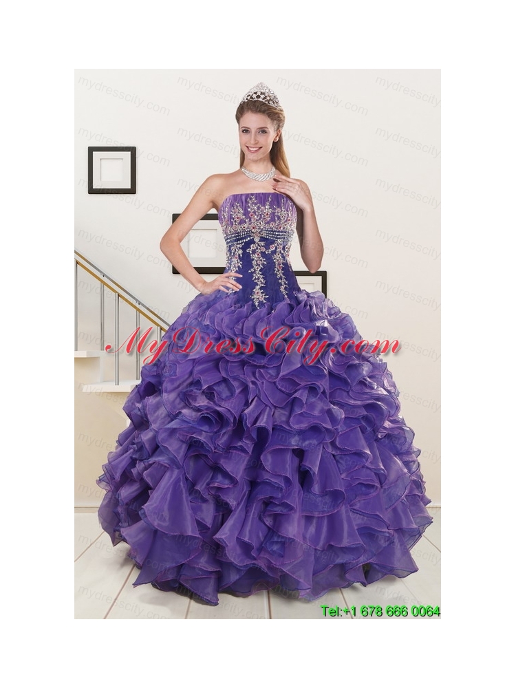 2015 Prefect Purple Sweet 15 Dresses with Embroidery and Ruffles