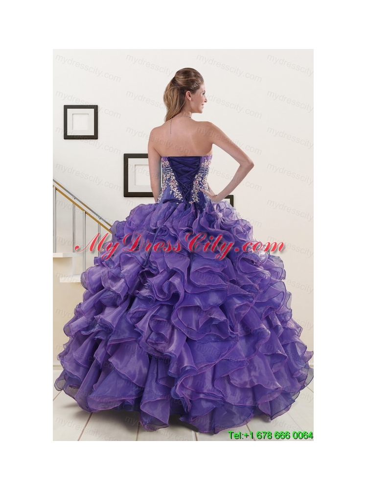 2015 Prefect Purple Sweet 15 Dresses with Embroidery and Ruffles