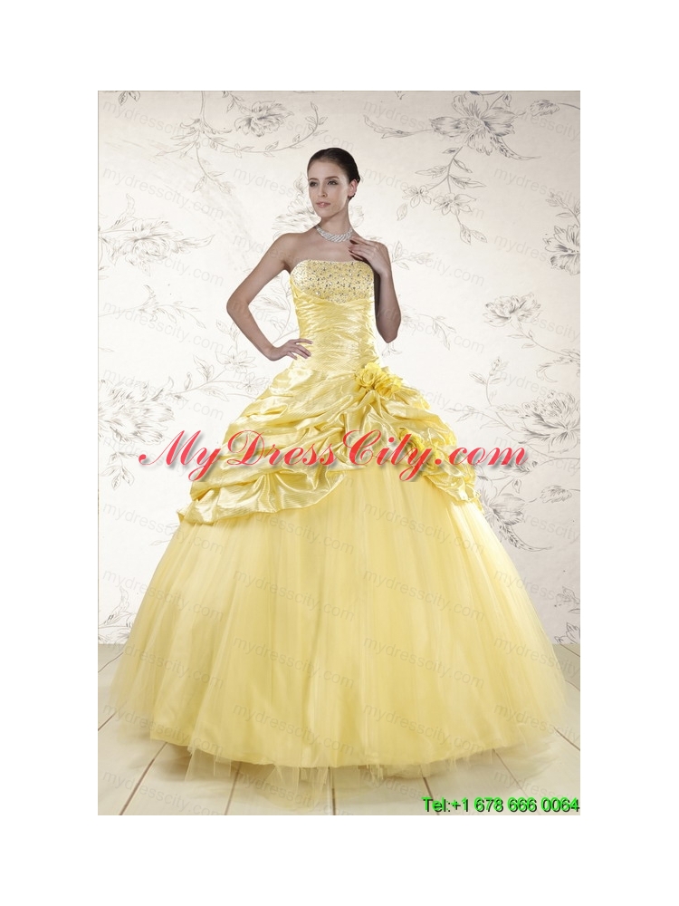 Cheap Yellow Sweetheart Ball Gown Quinceanera Dresses for 2015