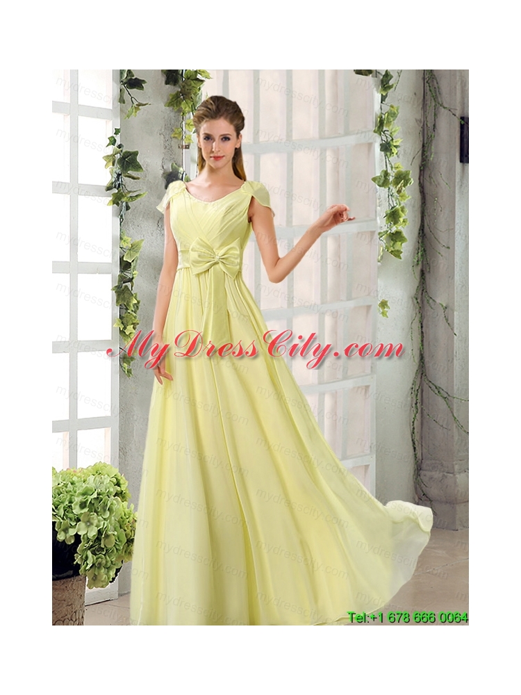 Scoop Ruching Cap Sleeves Chiffon Mothr of The Bride Dresses in   Champagne for 2015