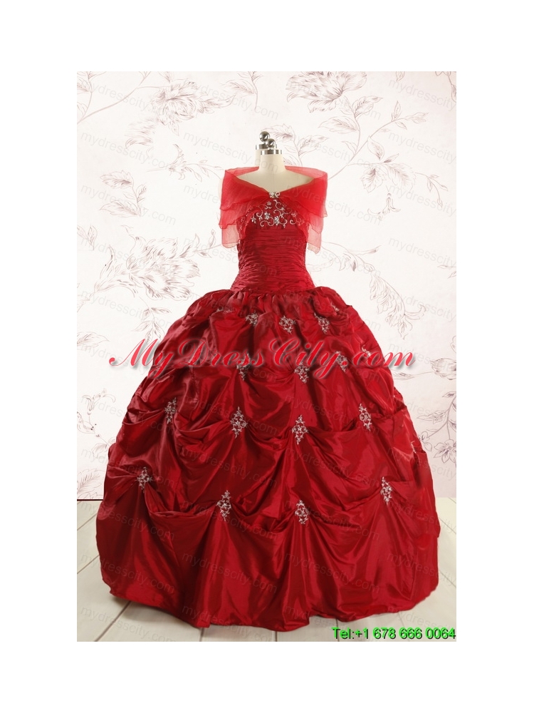 2015 Cheap Appliques Quinceanera Dresses in Wine Red