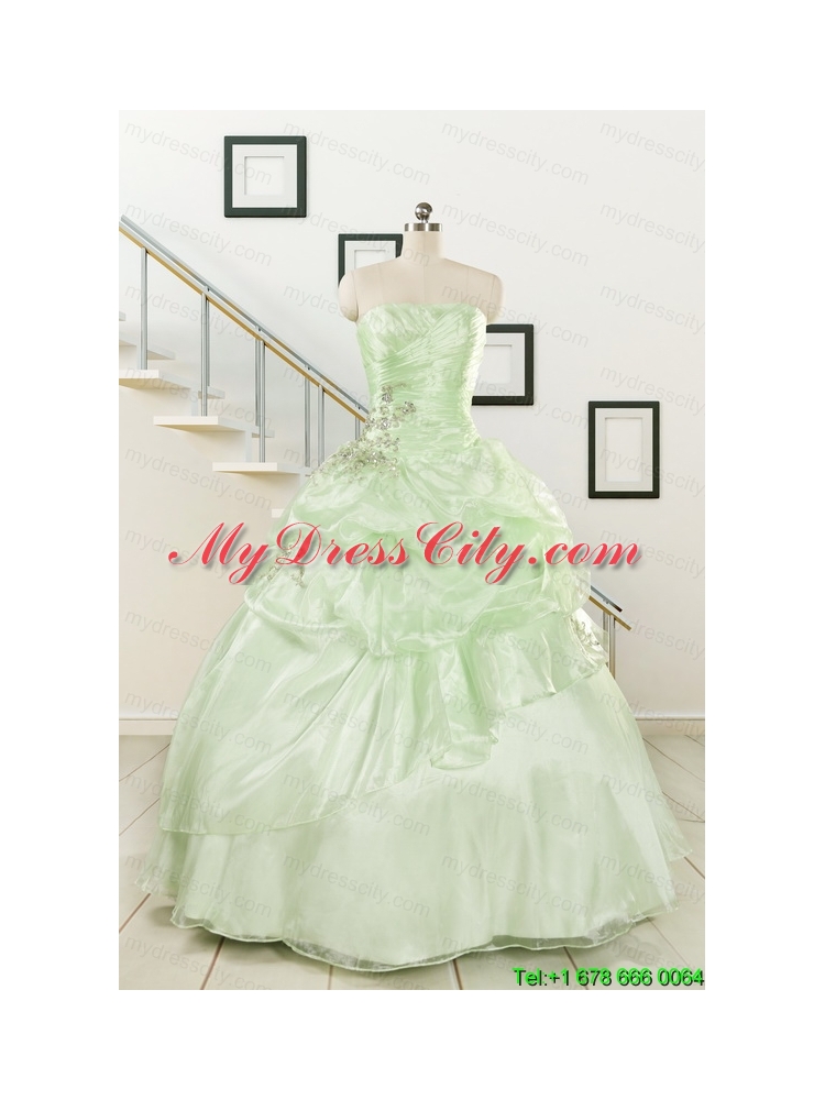 2015 Cheap Beading Strapless Yellow Green Quinceanera Gowns