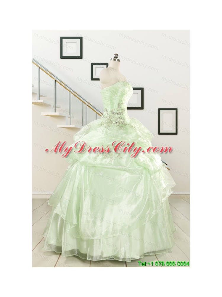 2015 Cheap Beading Strapless Yellow Green Quinceanera Gowns