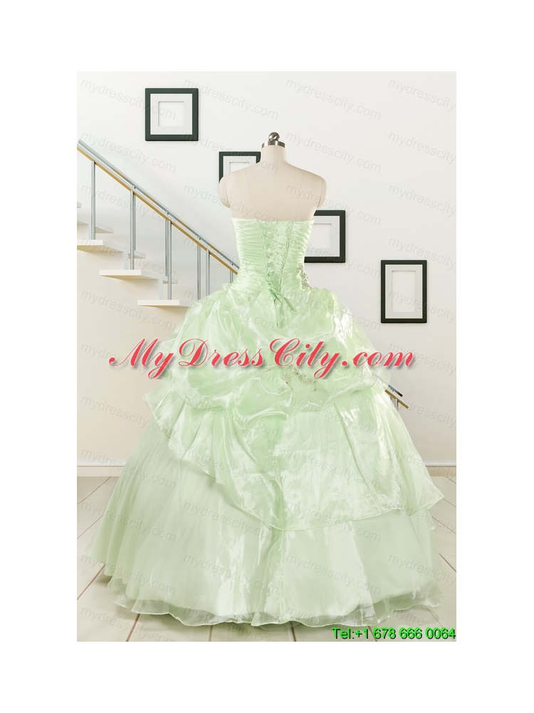 2015 Cheap Beading Strapless Yellow Green Quinceanera Gowns