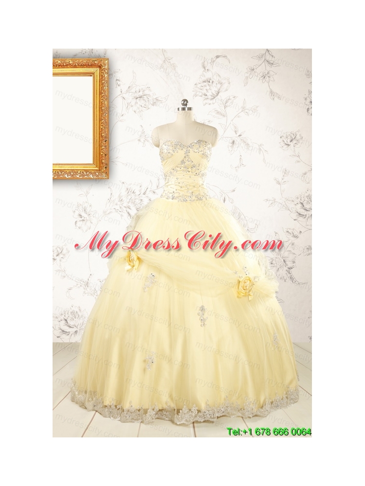 2015 Cute Beading Light Yellow Quinceanera Dresses