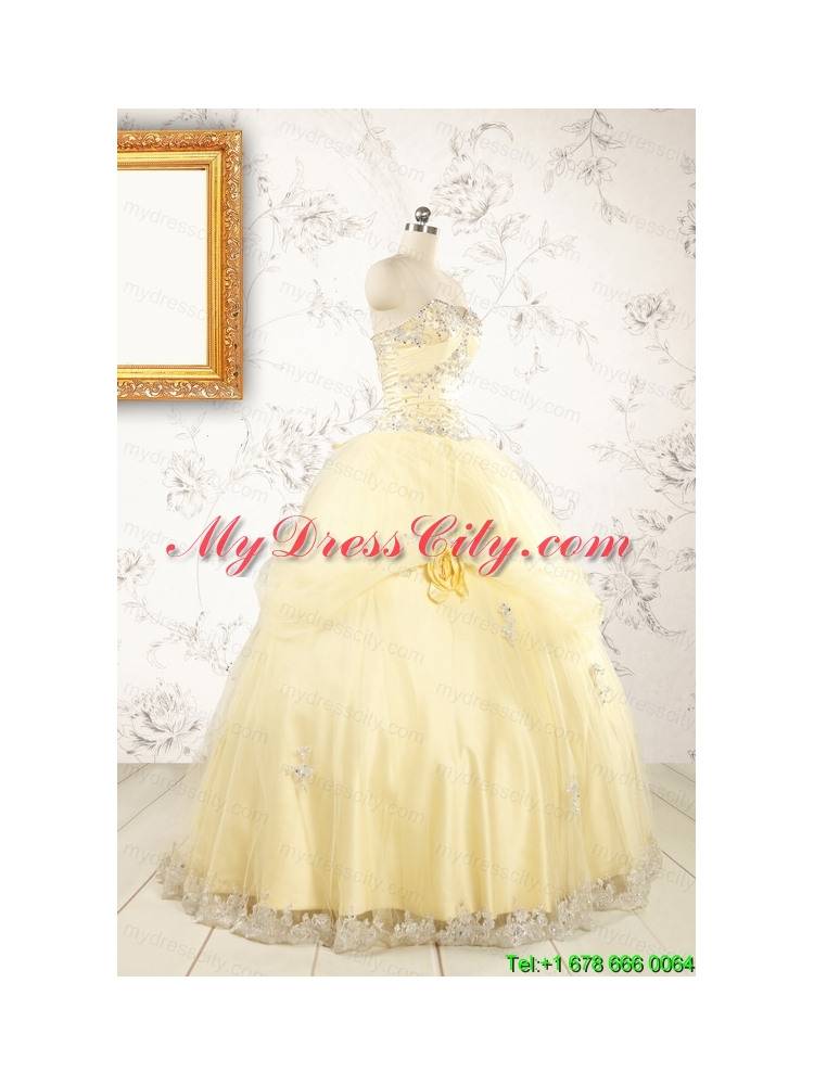 2015 Cute Beading Light Yellow Quinceanera Dresses