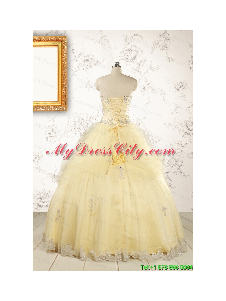 2015 Cute Beading Light Yellow Quinceanera Dresses