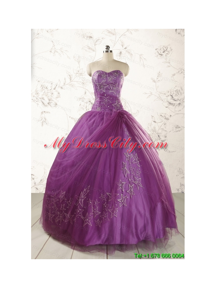 2015 Formal Sweetheart Purple Quinceanera Dresses with Appliques