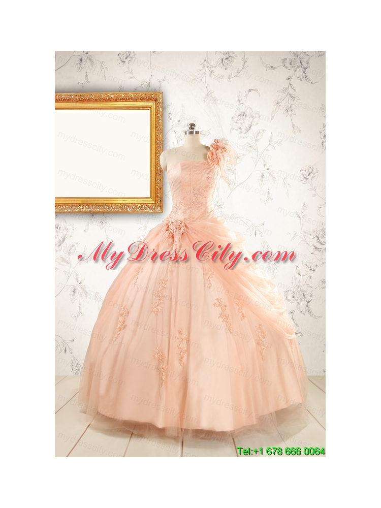 2015 Pretty One Shoulder Appliques Quinceanera Dress in Peach