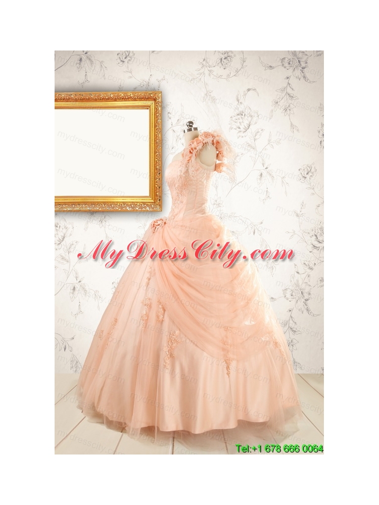 2015 Pretty One Shoulder Appliques Quinceanera Dress in Peach