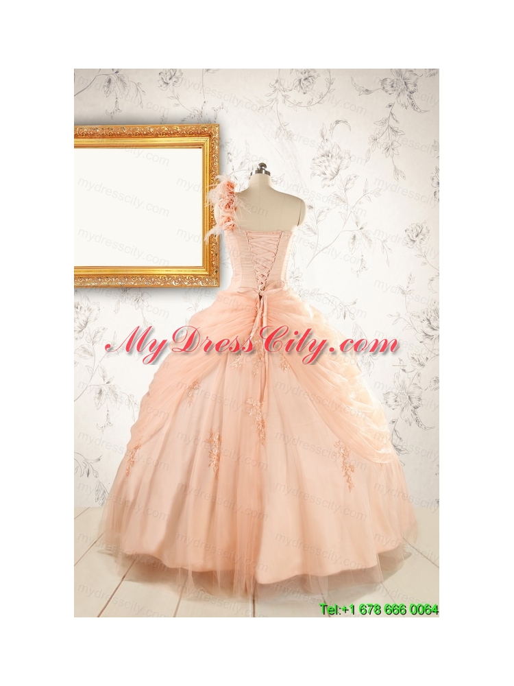 2015 Pretty One Shoulder Appliques Quinceanera Dress in Peach