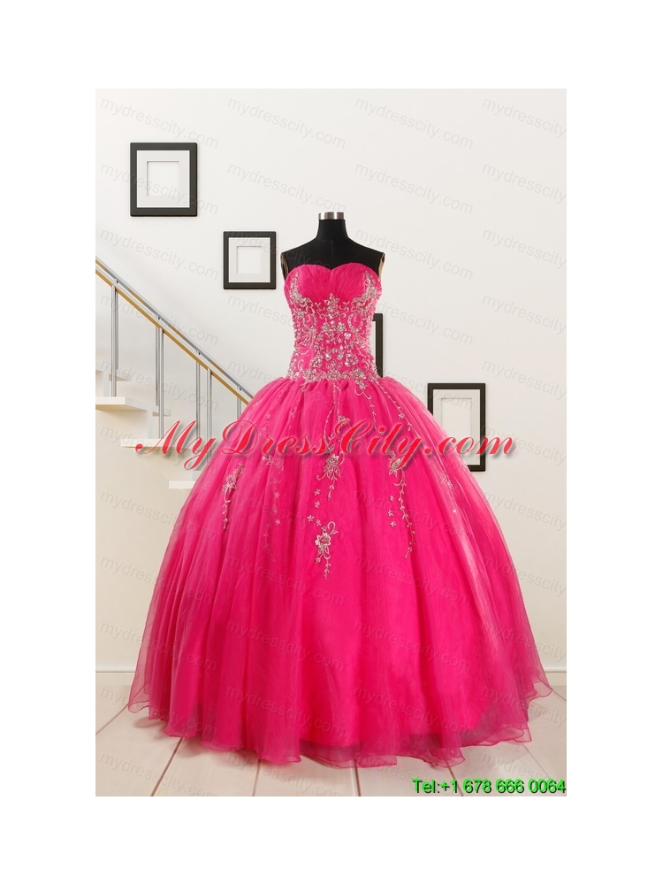 2015 Pretty Sweetheart Hot Pink Quinceanera Dresses with Beading