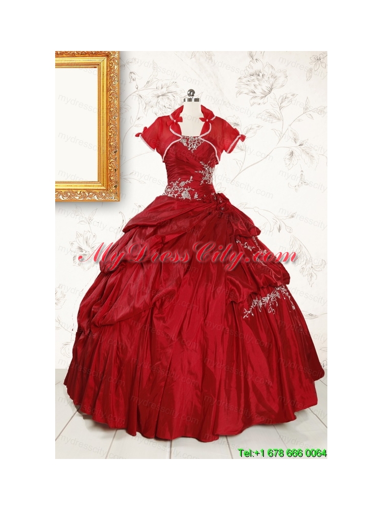 2015 Puffy Appliques Wine Red Remarkable Quinceanera Dresses