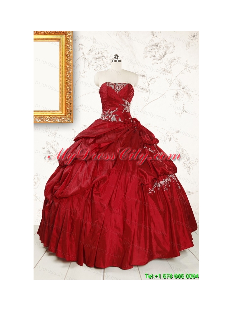 2015 Puffy Appliques Wine Red Remarkable Quinceanera Dresses