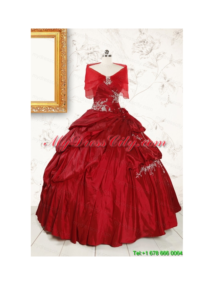 2015 Puffy Appliques Wine Red Remarkable Quinceanera Dresses