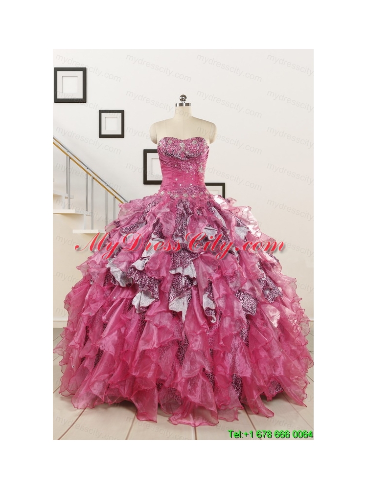 Exclusive Beading Hot Pink Sweet 15 Dress with Leopard